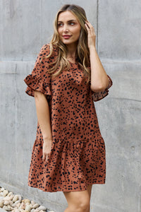 Leopard Ruffle Sleeve Mini Dress - Ochre