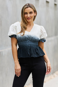 Smocked Waist Ombre Woven Top - Black