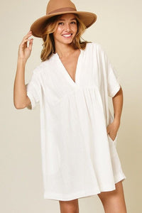 Easy to Wear Cotton Shift Dress w/ Pockets - White