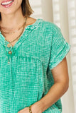 Washed Raw Hem Short Sleeve Blouse with Pockets - Green