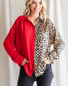 Color Block Leopard Long Sleeve Top - Red