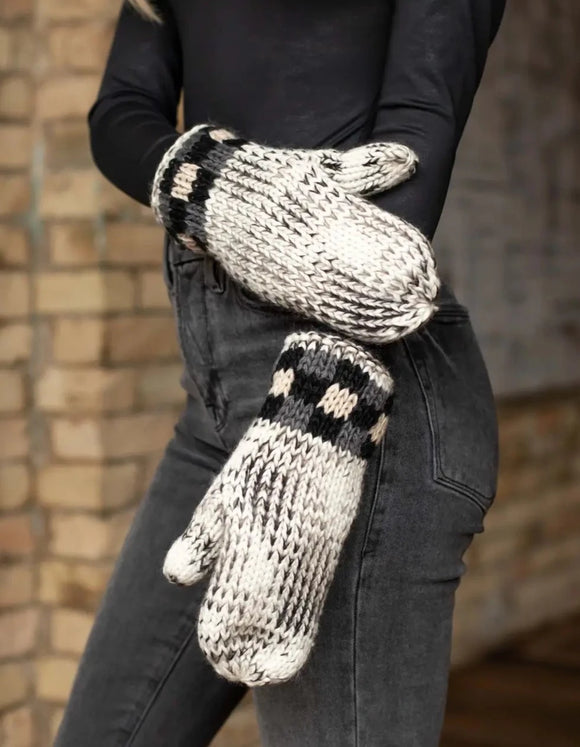 Marled & Check Chunky Knit Mittens - Gray