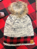 Marled Knit & Buffalo Plaid Faux Fur Pom Beanie Hat - Red
