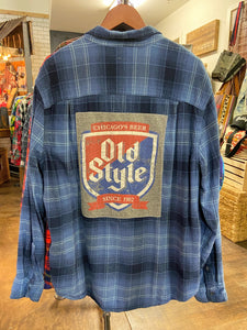 Old Style Beer Plaid Up-cycled Flannel Shirt - Men's XL