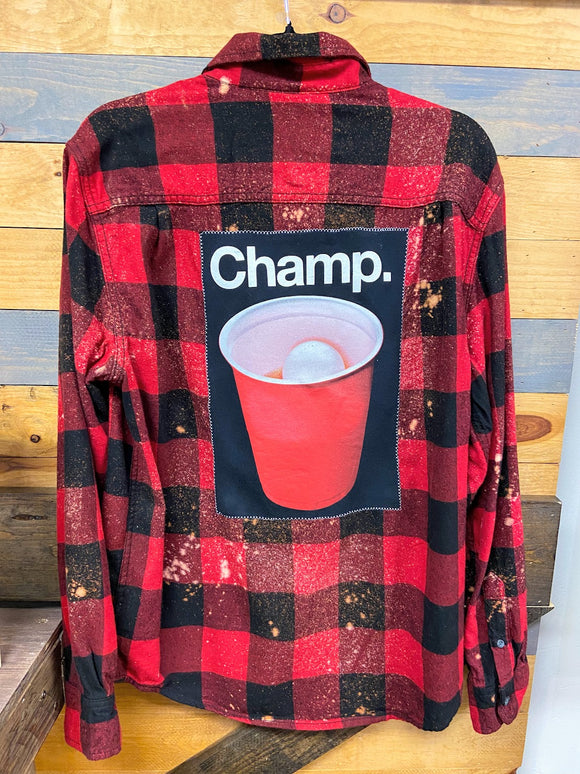 Beer Pong Champ Plaid Up-cycled Flannel Shirt - Men's L