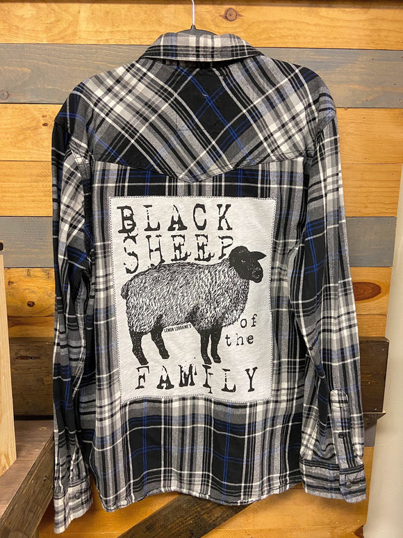Black Sheep Plaid Western Up-cycled Flannel Shirt - Men's L