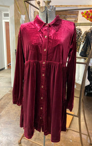 Babydoll Velour Velvet Shirt Dress - Raspberry