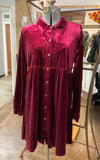 Babydoll Velour Velvet Shirt Dress - Raspberry