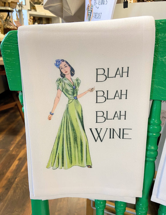 Blah Blah Blah Wine Retro Tea Towel