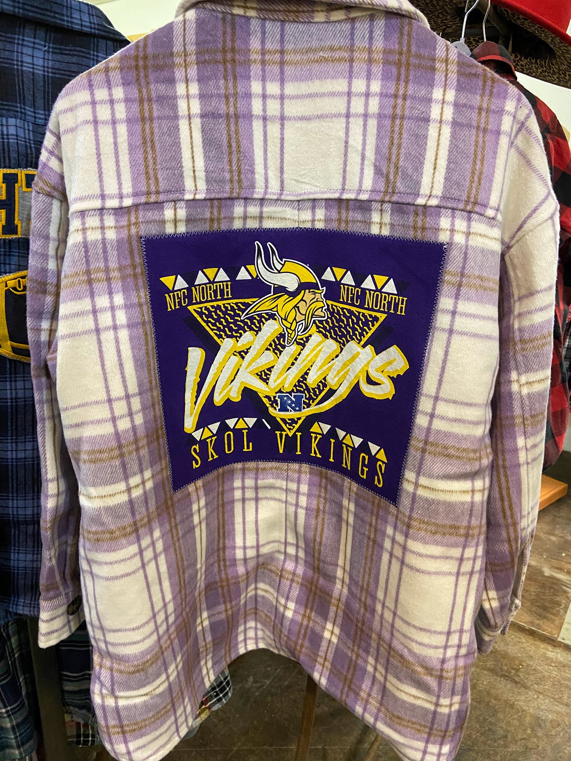 Minnesota Vikings Purple & Gold Plaid Up-cycled Flannel Shacket - Wome Rust and Rose Boutique Minnesota Vikings Purple & Gold Plaid Up-cycled Flannel Shacket - Wome Rust and Rose Boutique