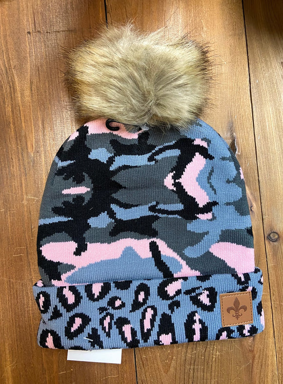 Camo & Leopard Faux Fur Pom Beanie Hat - Pink