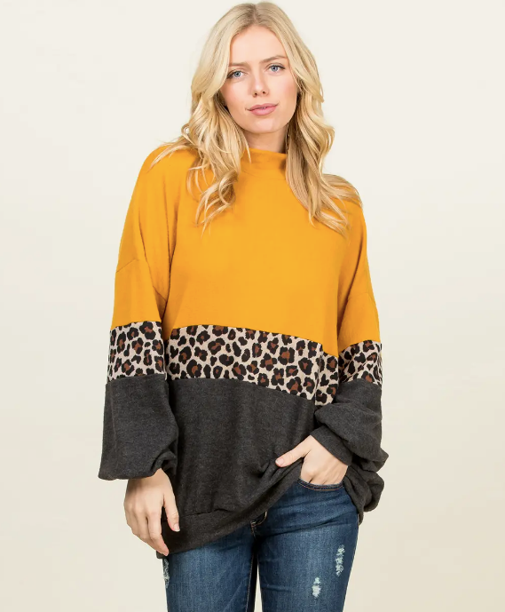 Mustard Leopard Puff Sleeve Sweater