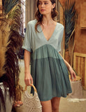 Color Block V-Neck Dress - Sage