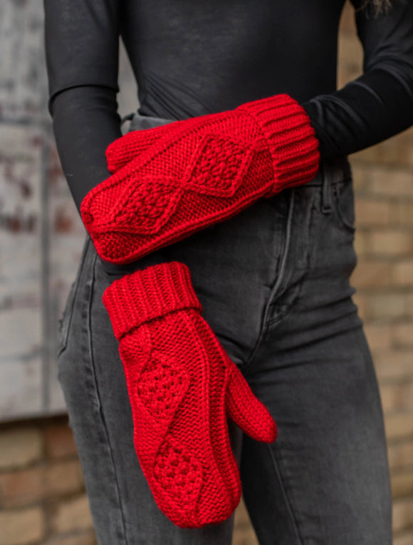 Cable Knit Mittens - Red