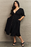 Textured Linen Button Down Midi Dress - Black