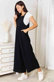 Cotton Wide Leg Overalls with Pockets - Black