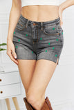 Judy Blue Embroidered Cactus Contrast Raw Hem Slit Denim Shorts