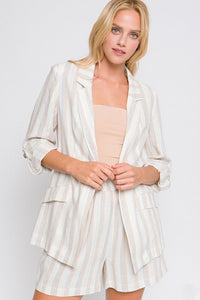 Roll Sleeve Linen Stripe Blazer - Ivory