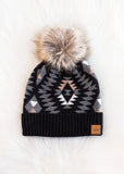 Aztec Knit Faux Fur Pom Hat - Black & Gray