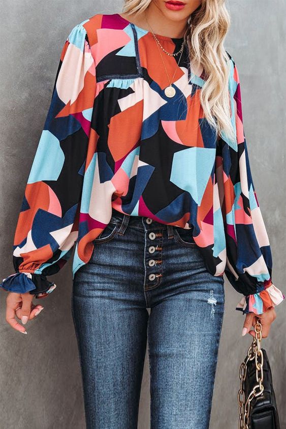 Geometric Color Block Blouse