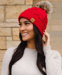 Cable Knit Fur Pom Hat - Red
