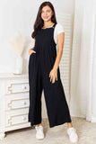 Cotton Wide Leg Overalls with Pockets - Black