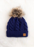 Cable Knit Fur Pom Hat - Royal Blue