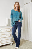 Washed Baby Waffle Oversized Long Sleeve Top - Turqouise