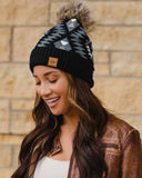 Aztec Knit Faux Fur Pom Hat - Black & Gray