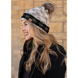 Marled Knit & Buffalo Plaid Faux Fur Pom Beanie Hat - Green