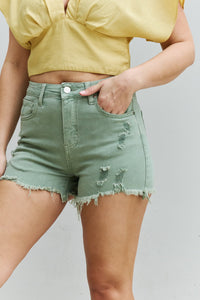 RISEN Katie High Waisted Distressed Shorts - Gum Leaf