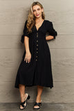 Textured Linen Button Down Midi Dress - Black