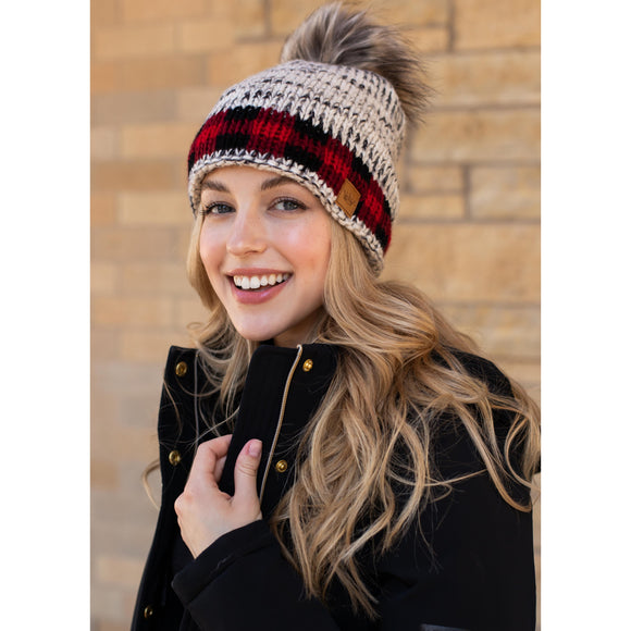 Marled Knit & Buffalo Plaid Faux Fur Pom Beanie Hat - Red