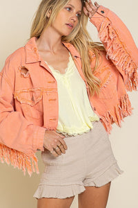 POL Fringe Distressed Crop Denim Jacket - Orange, Green or Oat