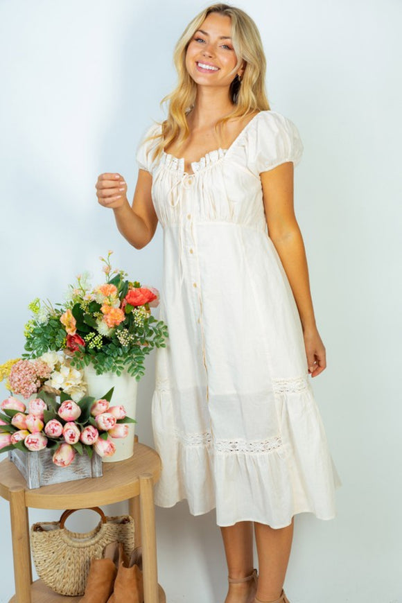 Flower Market Lace Trim Midi Dress - Cream