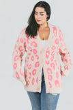 Leopard Print Eyelash Cardigan Sweater - Pink - Curvy