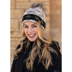 Marled Knit & Buffalo Plaid Faux Fur Pom Beanie Hat - Green