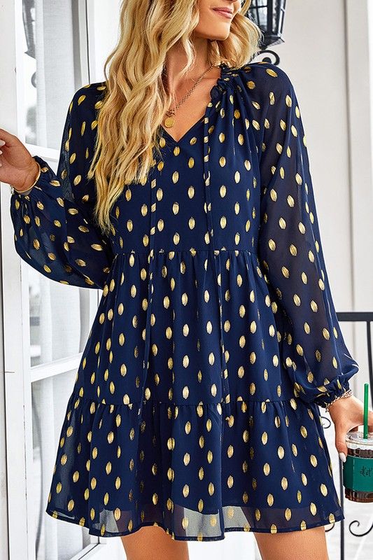 Polka Dot Foil Print Tiered Dress - Navy