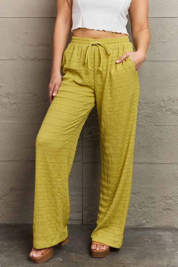 Textured High Waisted Pants - Chartreuse