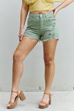 RISEN Katie High Waisted Distressed Shorts - Gum Leaf
