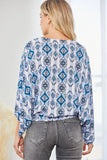 Aztec Kimono Surplice Blouse - Navy