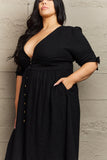 Textured Linen Button Down Midi Dress - Black