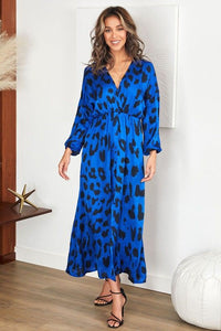 Silk Blend Leopard Print Kaftan Maxi Dress - Blue