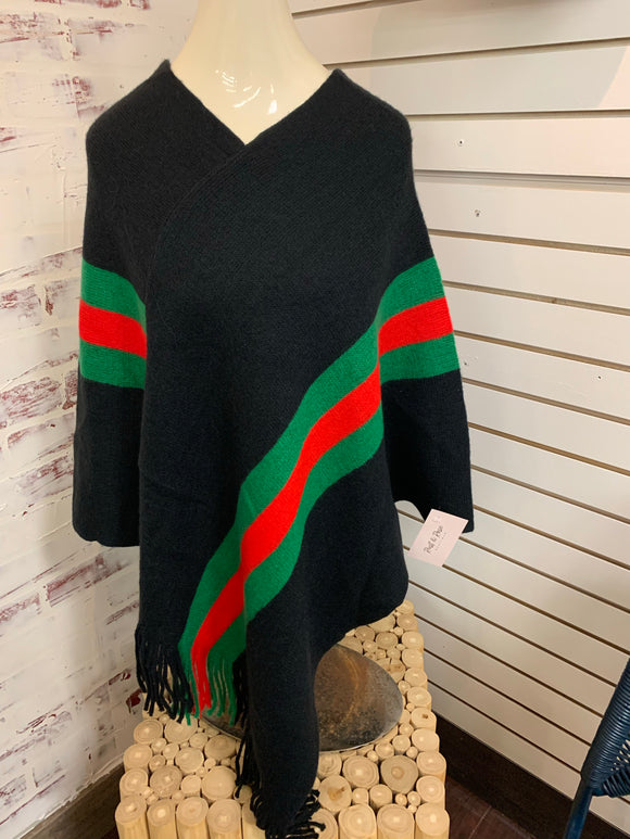 Black Poncho with Red and Green Stripe